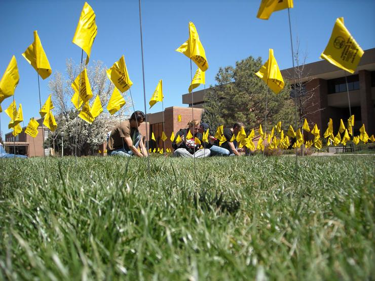 CMU学生在草坪上放置纪念旗帜. 